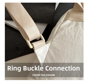 Detail of canvas backpack shoulder strap with durable plastic ring buckle and neat stitching