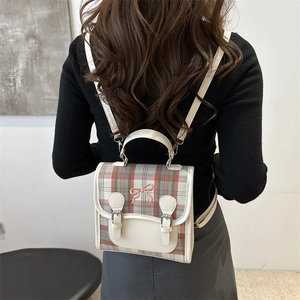 Chic plaid backpack for women with white leather trim and pink bow embroidery design