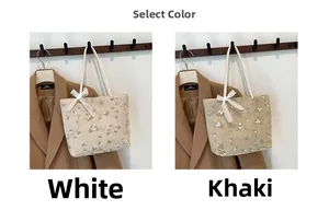Détails des sacs tissés blanc et kaki avec broderie florale et nœud en dentelle délicate