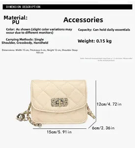 Size chart showing 15x6x12cm dimensions for the quilted PU crossbody chain bag