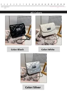 Detailed views of quilted mini crossbody bags in black, white, and silver with metal chain strap
