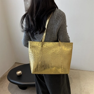Golden embossed crocodile pattern large tote bag with long handles for women