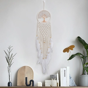 Attrape-rêve Arbre de Vie fait main avec plumes blanches pour décoration murale