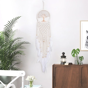 Attrape-rêves Arbre de Vie fait main en macramé avec plumes blanches pour mur maison
