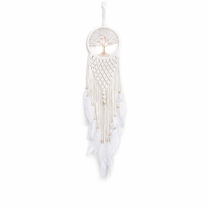 Capteur de rêves Arbre de Vie fait main avec plumes blanches et perles en bois décoratives
