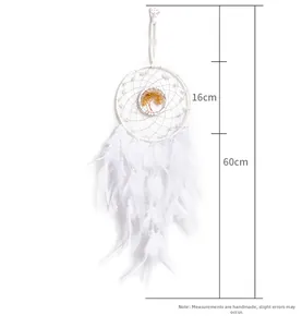 Detail of white feather dreamcatcher with tree of life charm showing 16cm ring diameter