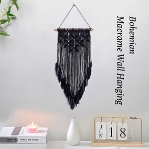 Large bohemian handmade black woven tapestry wall hanging with feathers for home decor