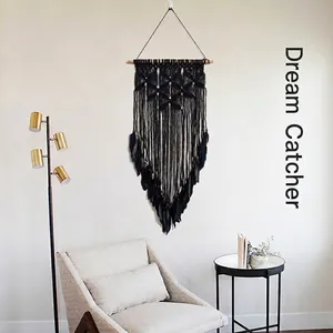 Large handmade black macrame dream catcher with feathers for bohemian wall hanging decor