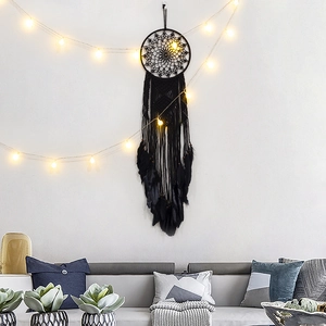 Bohemian Black Dreamcatcher Wall Hanging Hand-Woven Macrame Cotton Rope Tapestry With Feather Wood Beads Home Decor