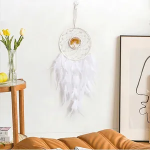 Handmade white dream catcher wall hanging with feathers and beaded tree of life