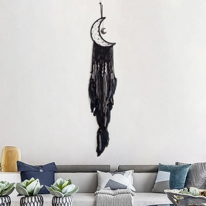 Handmade black moon dream catcher wall decor with feathers and woven geometric patterns
