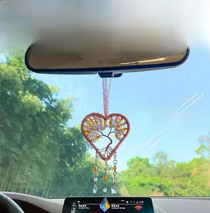 Car rearview mirror hanging decor with tree of life heart frame and crystal tassel