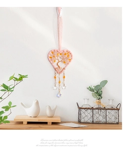 Boho heart-shaped Tree of Life pendant with pink crystals and a faceted glass ball