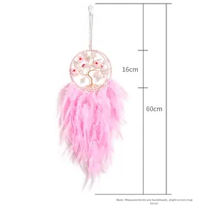 Pink dream catcher with tree of life design, 16cm diameter and 60cm total length