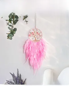 Pink tree of life dreamcatcher wall decor with natural rose quartz and delicate feathers