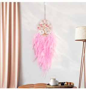 Pink Tree of Life dream catcher with natural crystal stones and soft feather accents