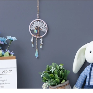 Detailed Tree of Life dreamcatcher with crystal stones and rainbow glass prism pendant