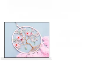 Pink tree of life dreamcatcher with natural rose quartz stones and soft feathers