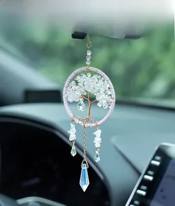Car rearview mirror charm featuring white crystal tree of life and lavender dreamcatcher
