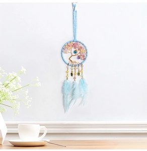 Detailed view of blue life tree dream catcher with feathers and beads on a clean wall