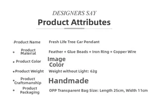 Specifications for Tree of Life car hanging with feathers and copper wire materials