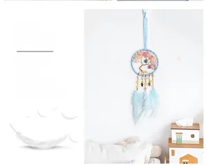Detail of light blue Tree of Life dreamcatcher with colorful crystal beads and soft feathers