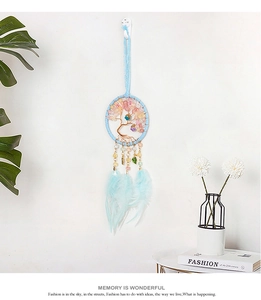 Detailed close-up of blue dream catcher with tree of life design and soft feathers