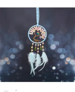 Detailed view of sky blue dream catcher pendant with tree of life and soft feathers