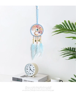 Blue dream catcher car pendant with tree of life crystals and soft feathers detail