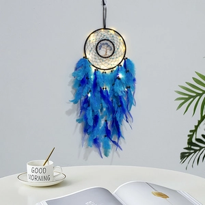 Blue feather dream catcher with Tree of Life and LED lights for cozy wall decor