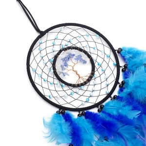 Handmade dream catcher wall hanging with blue feathers and tree of life crystal design