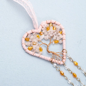 Pink heart-shaped tree of life car charm with gold wire wrapping and lace tassels