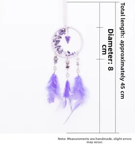 Purple dreamcatcher car pendant with crystal moon and feathers, measuring 45cm in length