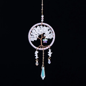 Handmade Tree of Life car charm with pink crystal moon frame and teardrop pendants