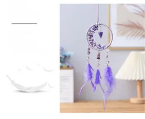 Detail of lavender crystal dreamcatcher car ornament with purple feathers and stones