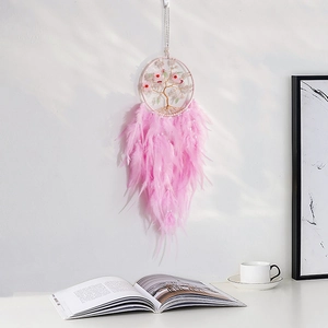 Handmade Pink Dreamcatcher Tree Of Life Wall Hanging With Pink Crystal Camellia Feather Artificial Pearls Bohemian Home Bedroom Decor