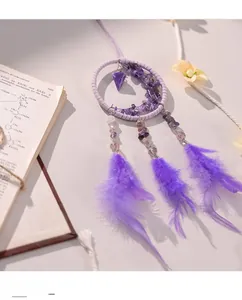 Purple dream catcher car pendant with amethyst moon stones and gradient feathers decoration