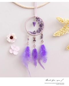 Purple dream catcher car pendant with amethyst stones and soft feathers detail
