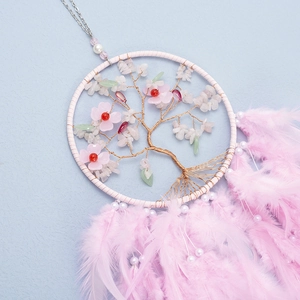 Pink dream catcher with life tree crystal stones and feathers for yoga decoration