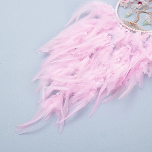 Pink tree of life dreamcatcher with natural rose quartz and soft fluffy feathers