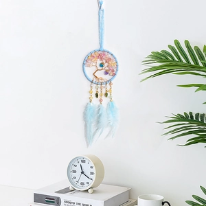 Blue Tree of Life dream catcher with feathers and colorful beads for home car decor