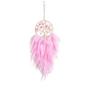 Pink dreamcatcher with Tree of Life wire weave, cherry blossoms and dangling feathers
