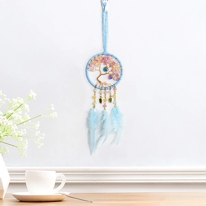 Handmade Tree of Life dreamcatcher car hanging with light blue feathers and beads