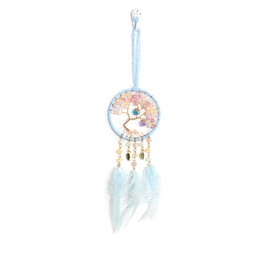 Blue dream catcher car pendant with tree of life design and soft blue feathers
