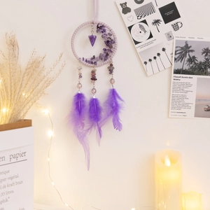 Purple dream catcher wall hanging with feathers and crystals for home car decor