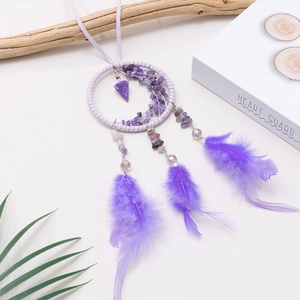 Purple dreamcatcher car pendant with amethyst stones, feathers and heart charm