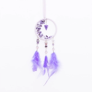 Purple dreamcatcher car pendant with amethyst stones and soft feathers for car decor