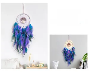 Detailed view of handmade Tree of Life dream catcher with purple feathers and LED lights