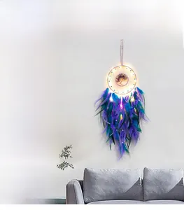 Wall-mounted Indian style dreamcatcher with LED lights and purple blue feathers