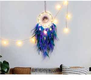 Close-up of handmade Tree of Life dream catcher with amethyst stones and LED lights